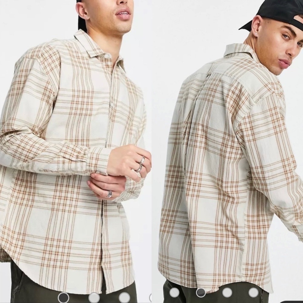 New Look Men’s collared oversized check long sleeve shirt in stone size XL